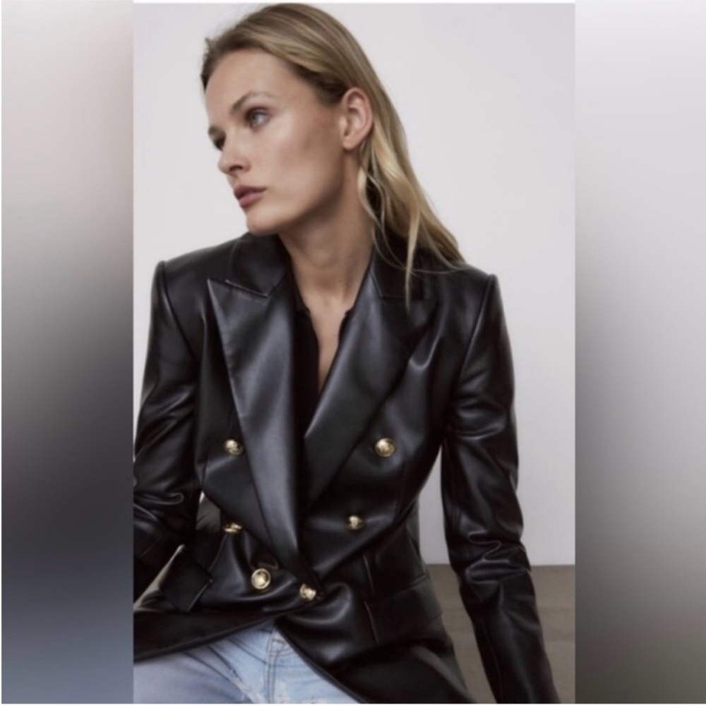 Black Double-Breasted Women's leather jacket - Picture 3 of 7